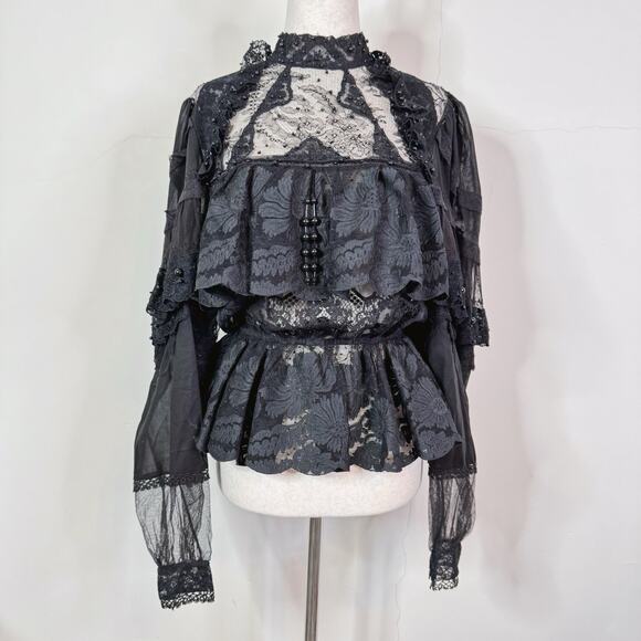Saint Laurent Paris Black Lace Beaded Peplum Top NWT Size 36 Romantic Gothic - Picture 1 of 16